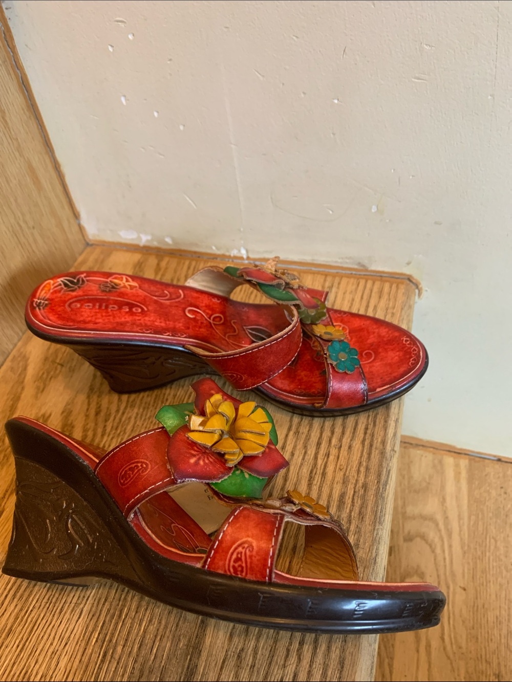 Eclipse Red Floral Leather Wedge Sandals